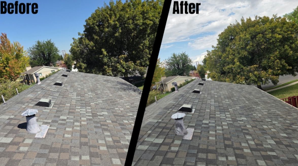 Before and after split of a grey asphalt shingle roof restored in Utah
