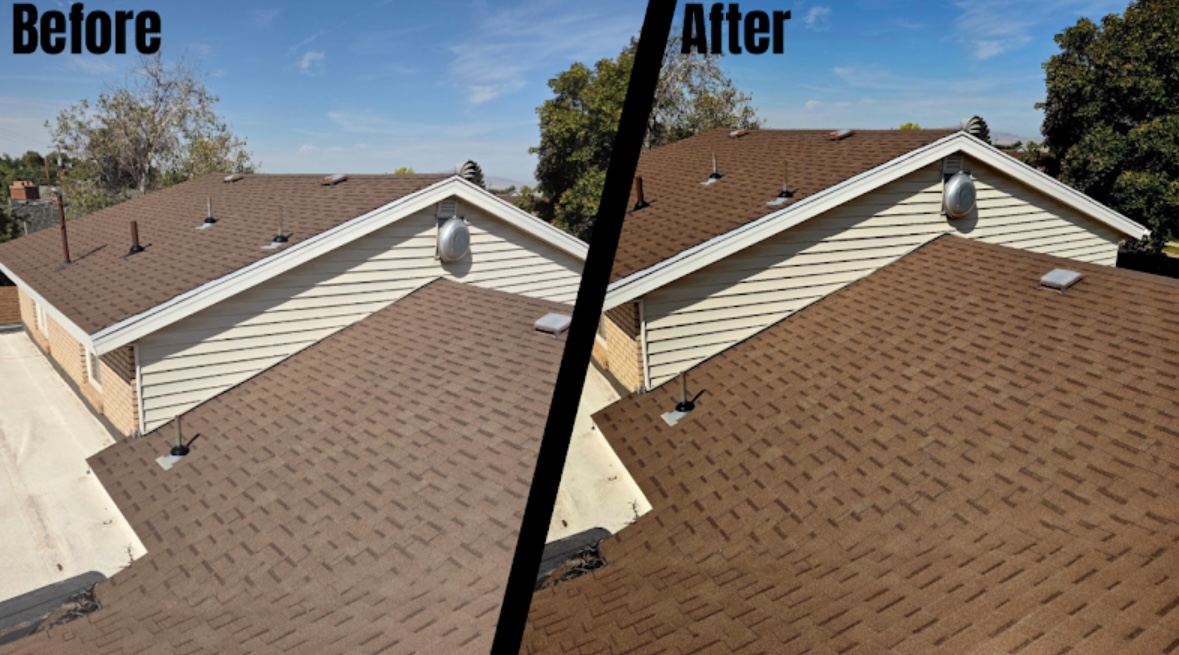 Before and after split of a tan asphalt shingle roof restored in Utah