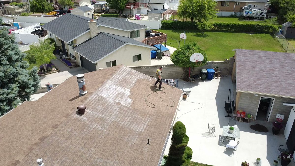 Aerial view of a Utah home having its roof restored