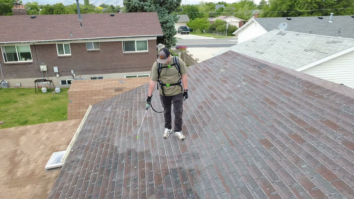 Revive Your Roof technician applying plant-based treatment across a Utah roof with a backpack sprayer