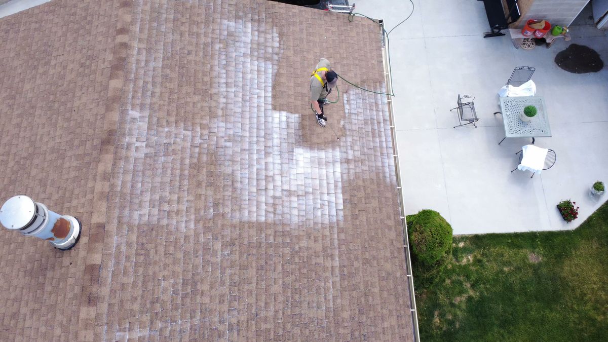 A Utah roof halfway through treatment, showing the treated section beside the untreated section on the same slope
