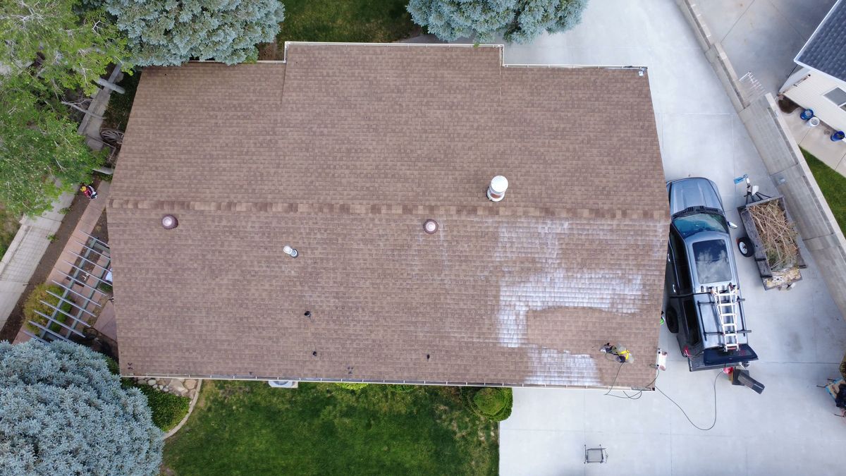 A Utah roof part way through treatment, the restored section clearly darker than the dried out shingles beside it